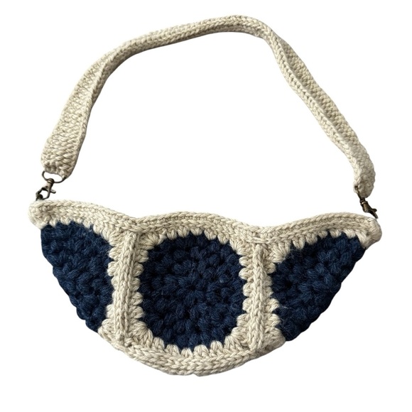 Unique Vintage Handbags - Crochet Macrame Boho Granny Square Bum Bag Sling Belt Bag Cream Blue Festival